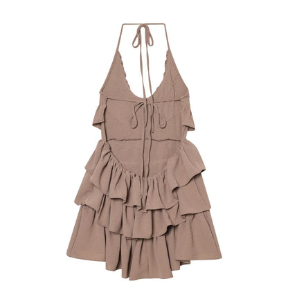 Women's layered decorative chiffon halter neck dress