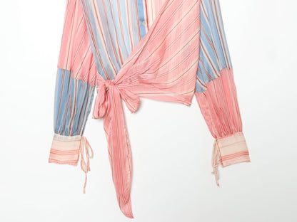 Women's micro transparent striped patchwork lace up shirt