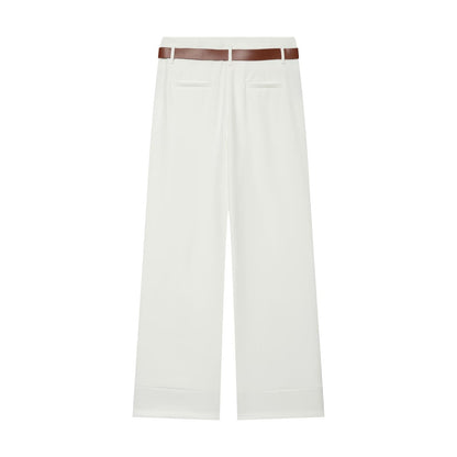 Women's With Belt high waisted straight leg rolled edge pants