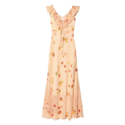Women's ruffle edge decorative printed MIDI dress