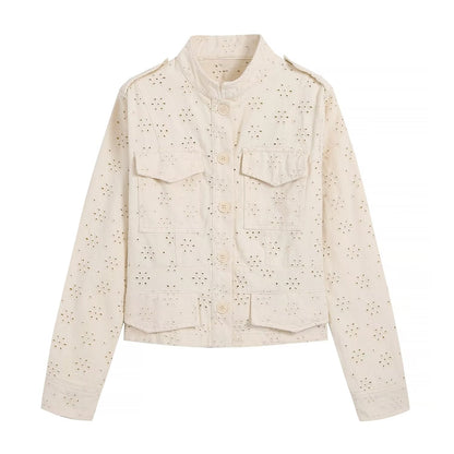 Women's flip pocket decoration hollow jacket Coat