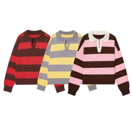 Women's casual soft texture striped knitted polo shirt