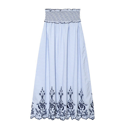 Women's casual embroidered checkered MIDI skirt