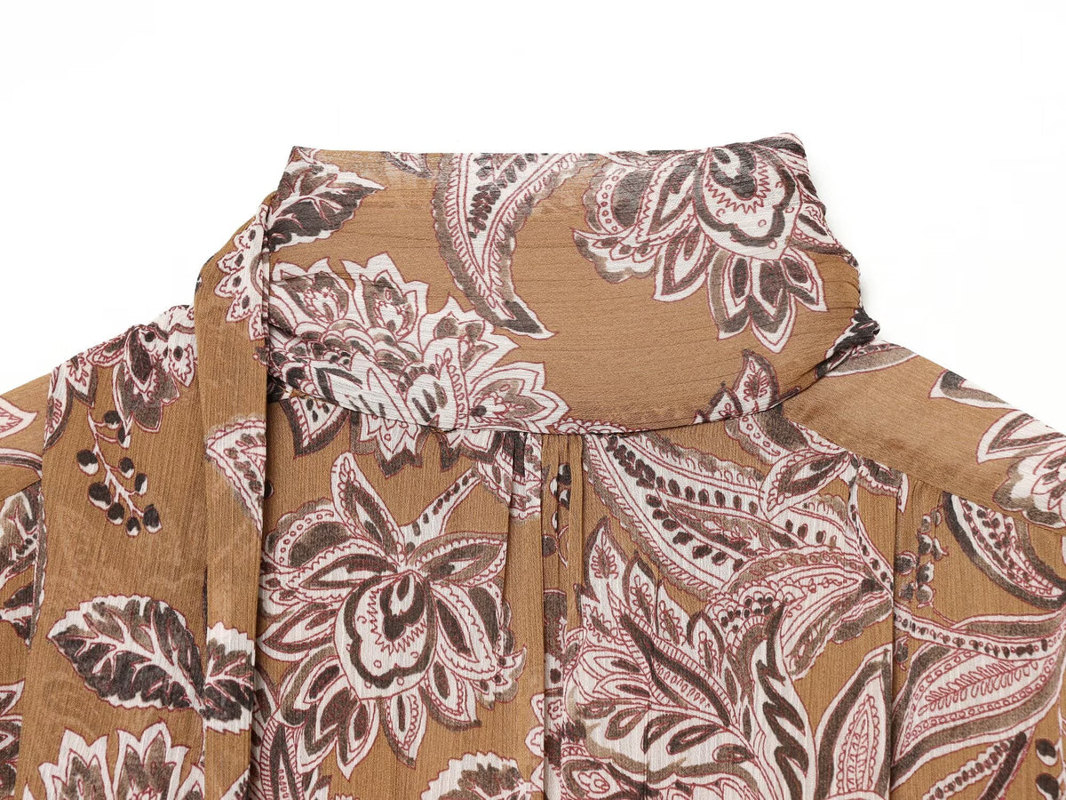Women's ribbon decoration retro printed chiffon top