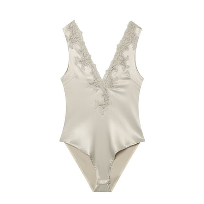 Women's lace decorated satin textured bodysuit