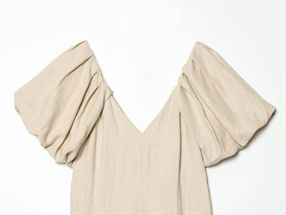 Women's Bubble sleeve Linen Blend Midi Dress