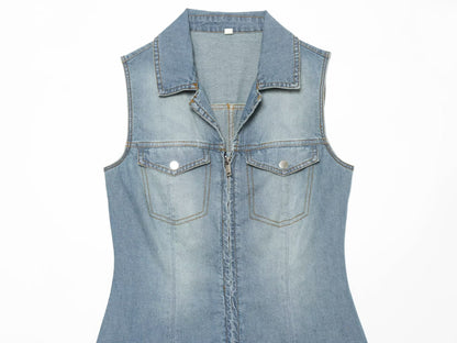 Women's sleeveless lapel denim dress