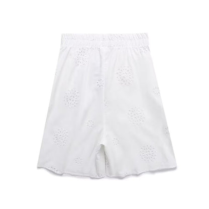 suit Women's 2 pieces loose hollow embroidered shirt+Shorts