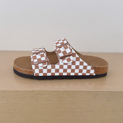Women's 2026 new fashion cork checkerboard double buckle slippers
