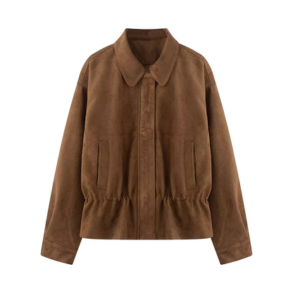 Women's suede textured waist cinched retro jacket