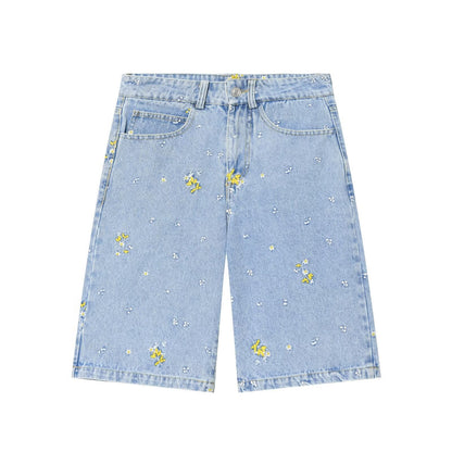 suit Women's 2 pieces flower embroidered denim jacket Coat+Shorts