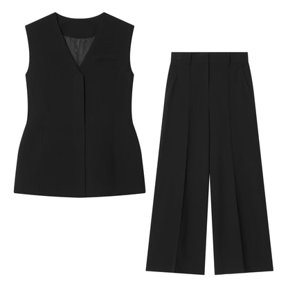 suit Women's 2 pieces black slim V-neck vest+Pants