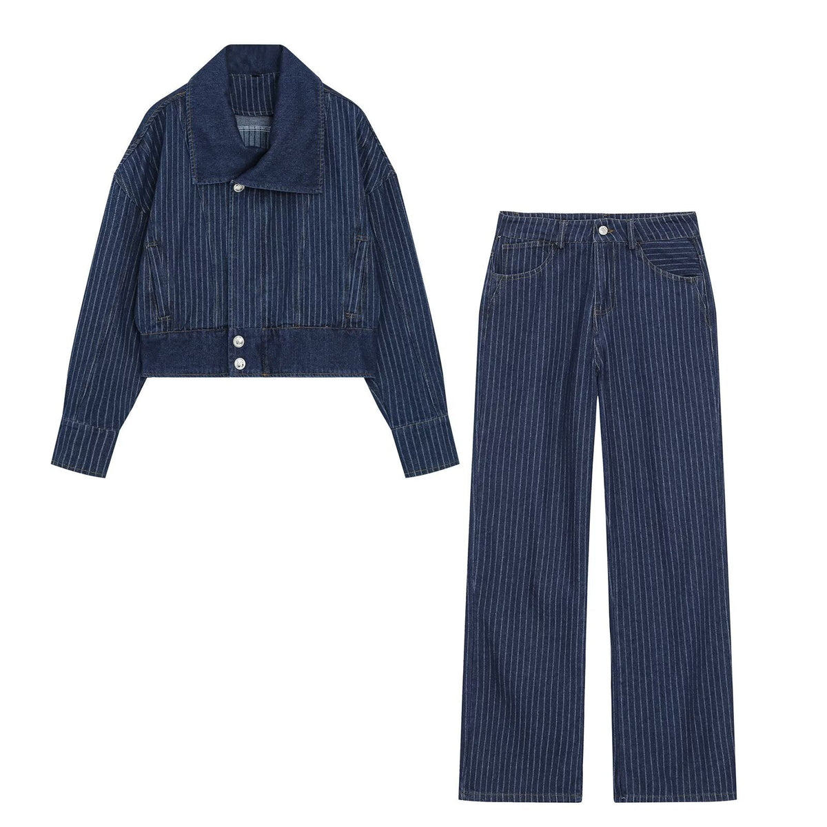 suit Women's 2 pieces short denim striped Coat+straight low rise jeans