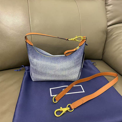 Women's new Joker embroidered denim leather portable daily shoulder bag.