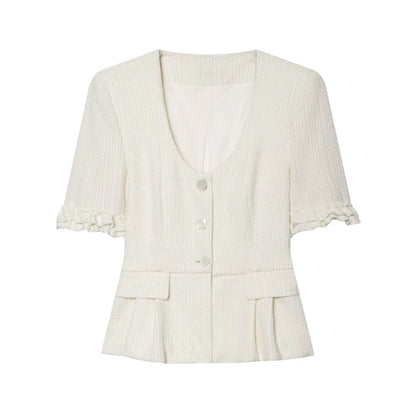 suit Women's 2 pieces short sleeved layered decorative hem Coat+flared pants