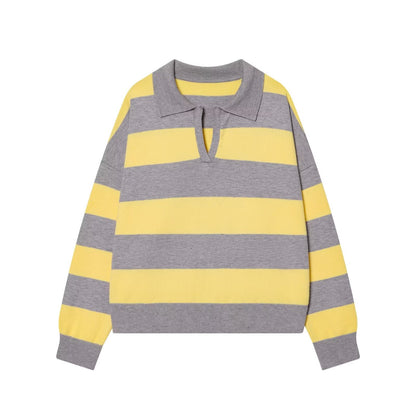Women's casual soft texture striped knitted polo shirt