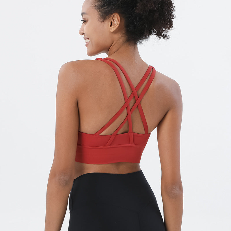 Women's new double-sided sanding cross back sports bra shockproof gathered yoga bra fitness vest
