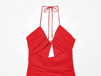 Women's straight pleated halter neck dress