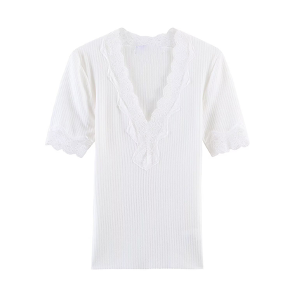 Women's slim V-neck lace ribbed T-shirt