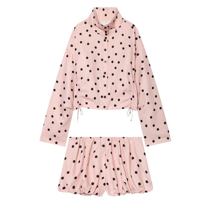 suit Women's 2 pieces lace up decorative polka dot Coat+shorts