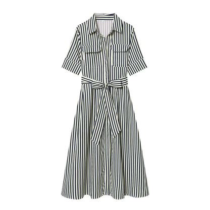 Women's with Belt shirt style poplin striped dress