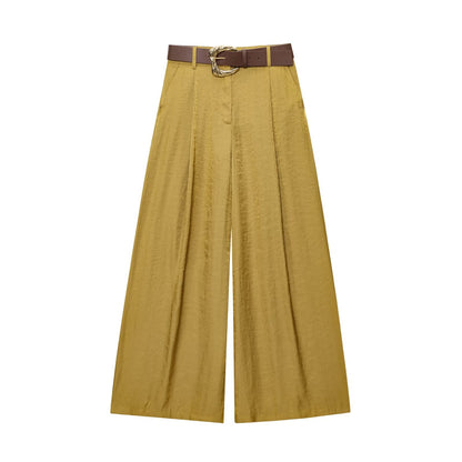 Women's with Belt loose satin textured wide leg pants