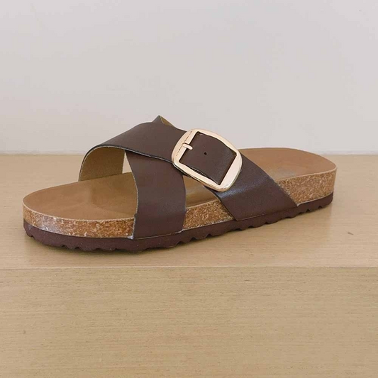 2026 women's new cork sole cross design slippers have a shoe box