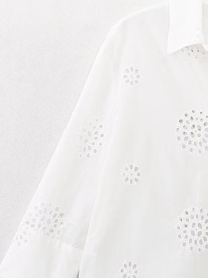 suit Women's 2 pieces loose hollow embroidered shirt+Shorts