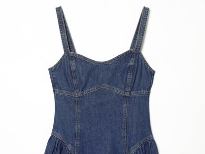 Women's flared skirt hem vacation style denim dress