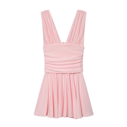 Women's pleated decorative sleeveless mini dress