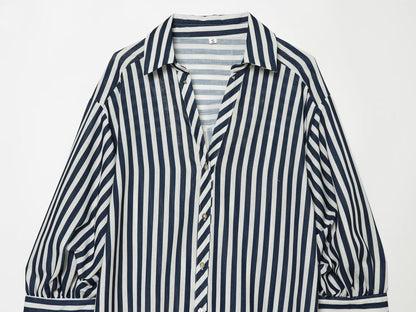 Women's bubble sleeve linen striped shirt