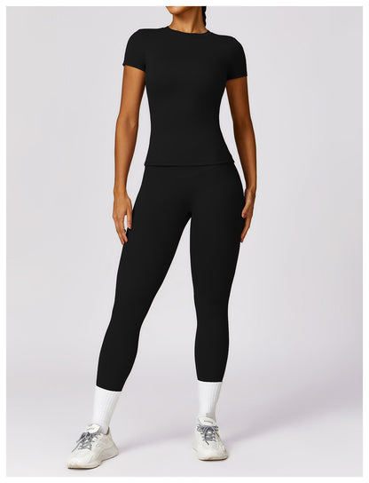 Women's Suit New Fashion Outdoor Running Short-sleeved Fitness Jacket High Waist Hip Quick-drying Yoga Pants.