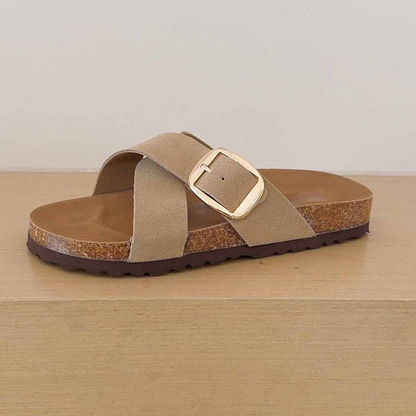 2026 women's new cork sole cross design slippers have a shoe box