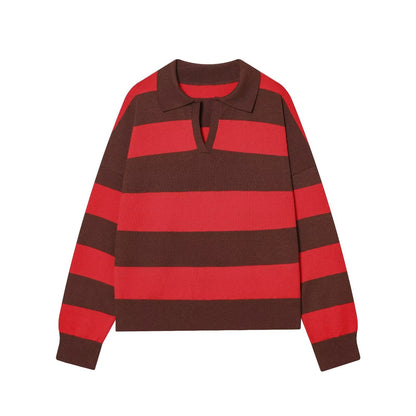 Women's casual striped knitted polo shirt