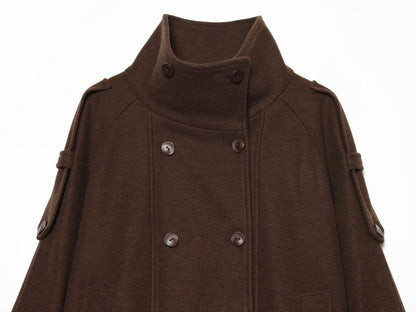 Women's standing collar double breasted woolen Coat