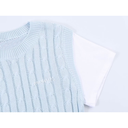 Women's contrasting fake two-piece knitted sweater
