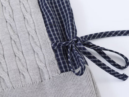 Women's contrasting spliced twisted checkered knit sweater