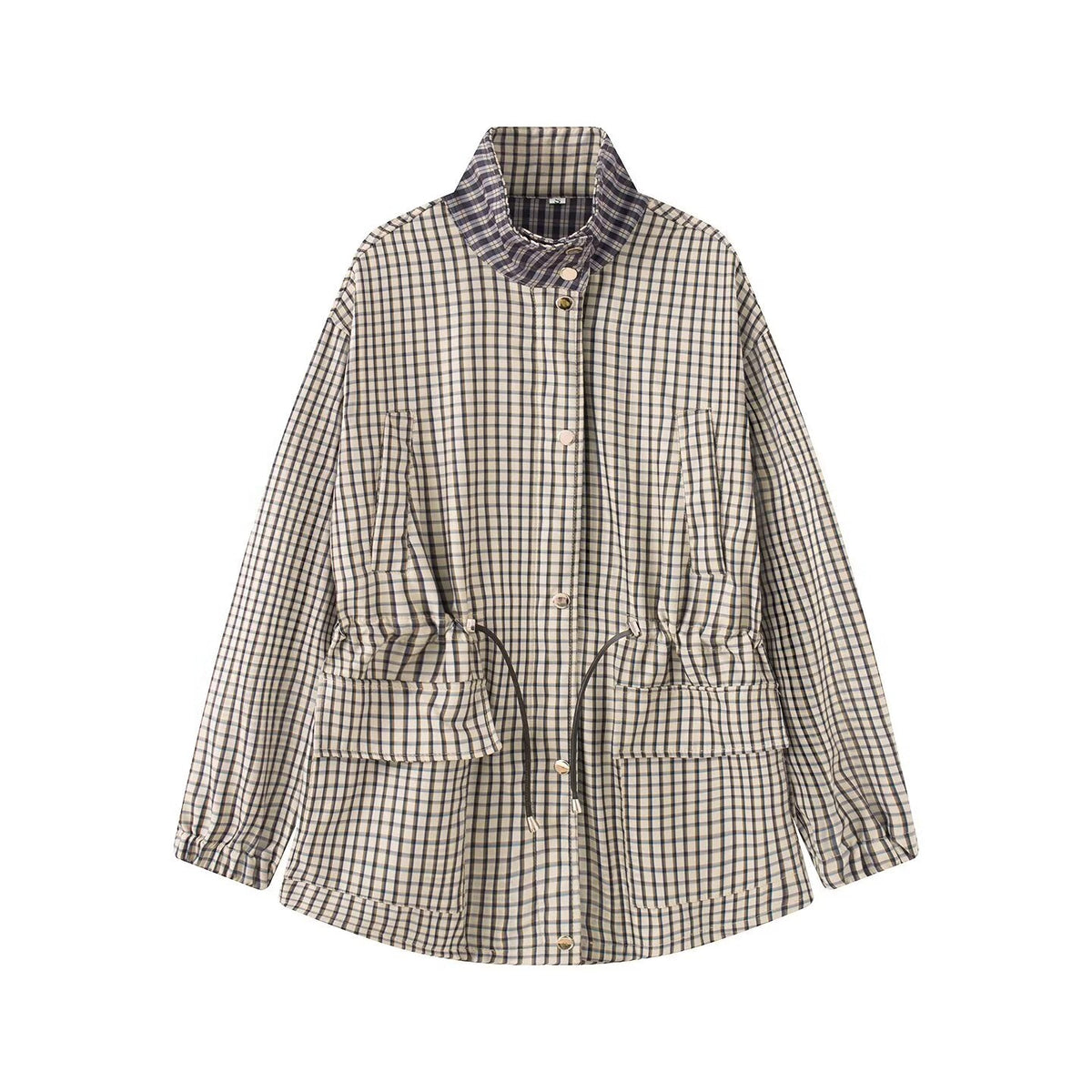 Women's stand collar casual waist cinched plaid Coat