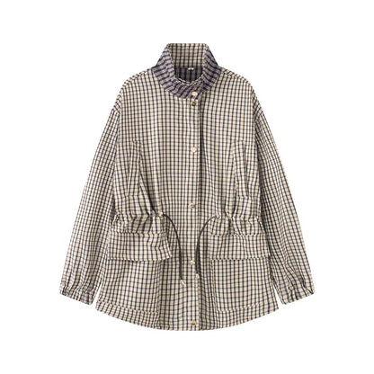 Women's stand collar casual waist cinched plaid Coat