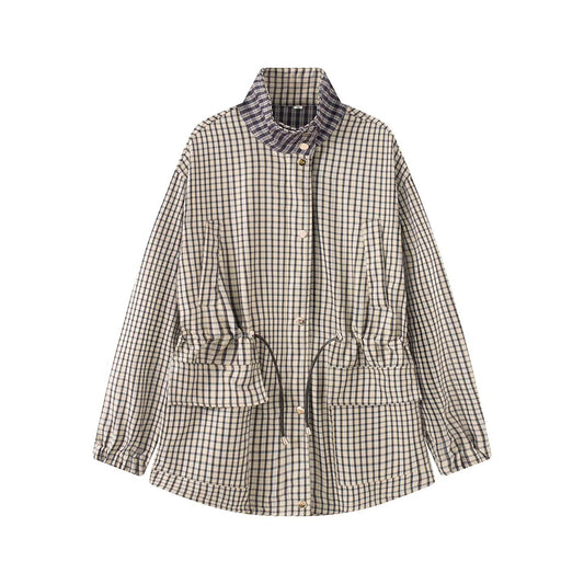Women's stand collar casual waist cinched plaid Coat