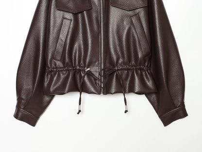 Women's with drawstring casual faux leather jacket