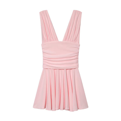 Women's pleated decorative sleeveless mini dress