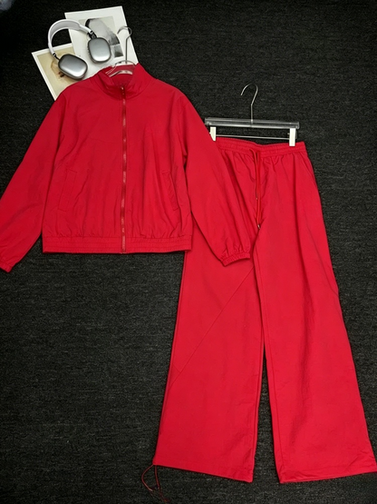 Women's new short stand-up collar zipper coat drawstring wide-leg pants