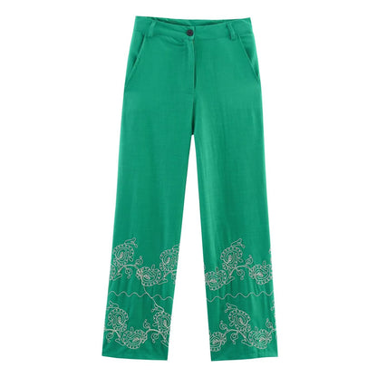 Women's casual embroidered wide leg pants