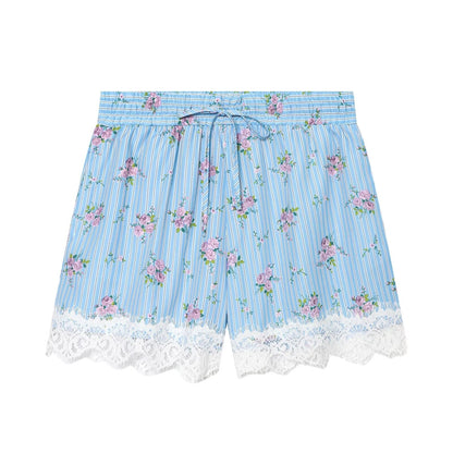 suit Women's 2 pieces striped printed shirt+striped lace shorts