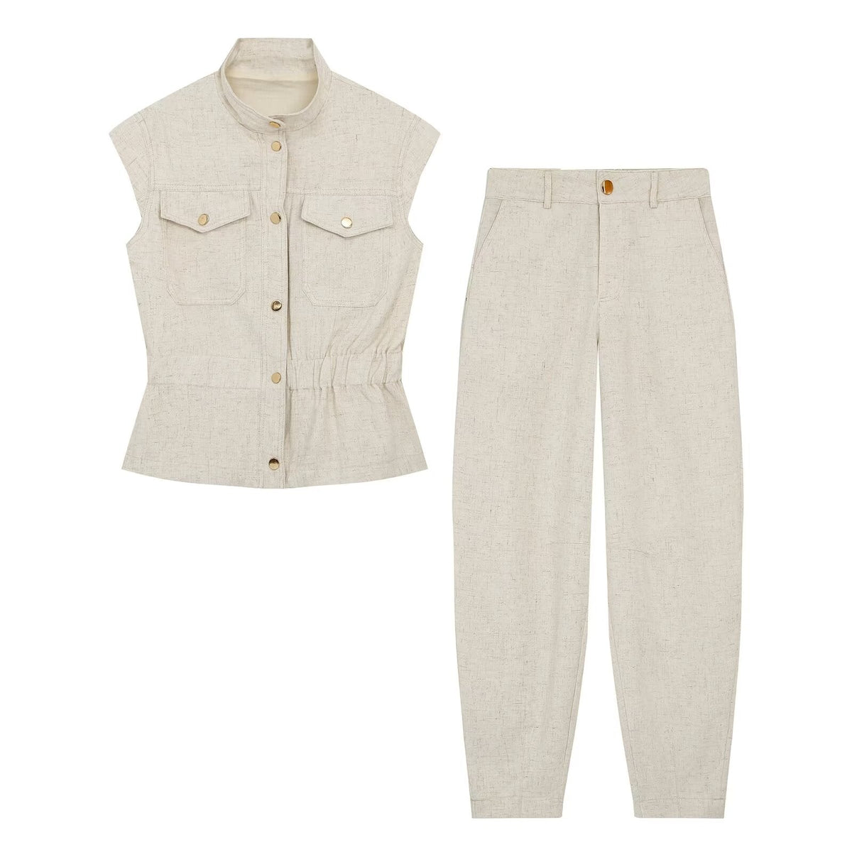 suit Women's 2 pieces pocket decoration linen blend vest+Pants