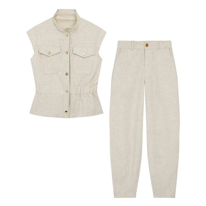 suit Women's 2 pieces pocket decoration linen blend vest+Pants