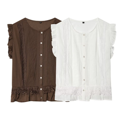 Women's vertical lace decoration sleeveless shirt