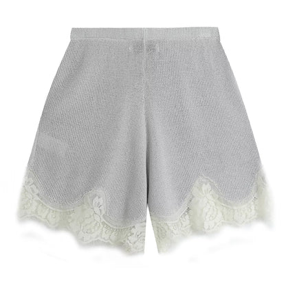 suit Women's 2 pieces lace O Neck long sleeved knitted top+Shorts