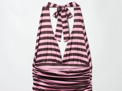 Women's striped pleated V-neck halter neck dress